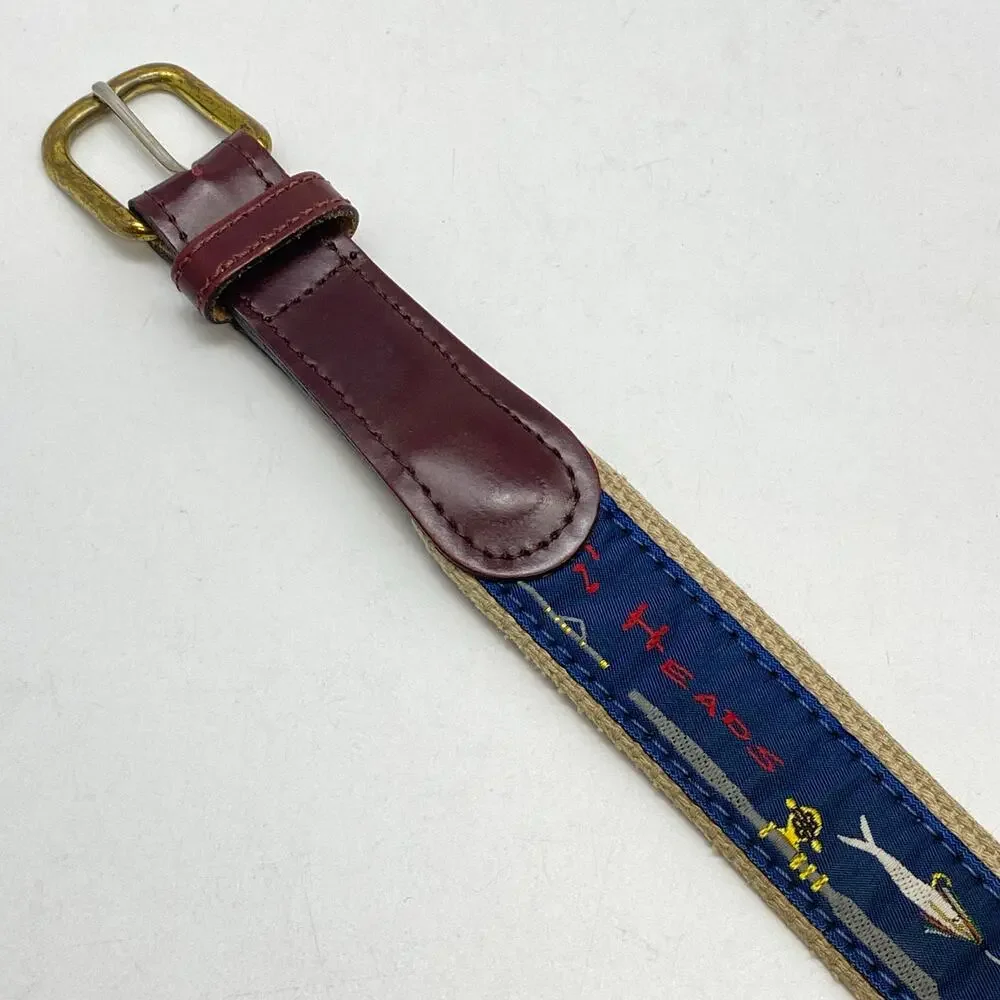 Vintage Fin Heads Mens 40 Leather Golf Belt Fishing Lure Embroidery Brass Buckle